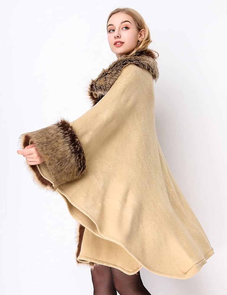 BEAUTELICATE Women Faux Fur Poncho Coat Oversize Cloak Open